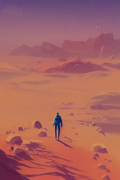 Prompt: painting of a man walking across a desert, poster art by james gilleard, cgsociety, fantasy art, poster art, concept art, angular