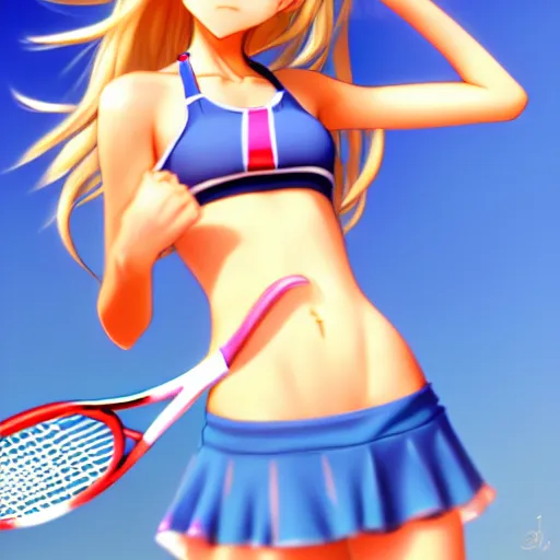 Image similar to a very beautiful young anime tennis girl, full body, head, long wavy blond hair, sky blue eyes, full round face, short smile, bikini, miniskirt, front view, full shot, highly detailed, cinematic wallpaper by stanley artgerm lau