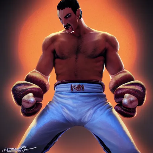 Prompt: freddy mercury as ken street fighter, uppercut, ultra realistic, concept art, intricate details, highly detailed, photorealistic, octane render, 8 k, unreal engine, art by frank frazetta, simon bisley, brom