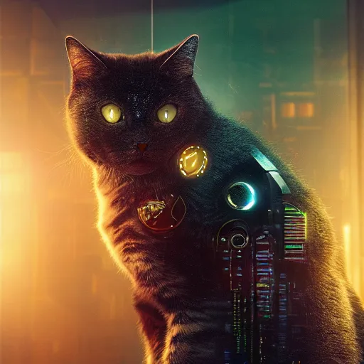 Image similar to professional photo of robot cat, cyberpunk background, blade runner, hyperrealistic masterpiece, trending on artstation, cgsociety, kodakchrome, golden ratio, cinematic, composition, beautiful lighting, hyper detailed, sharp focus, octane render, 4 k, unreal engine