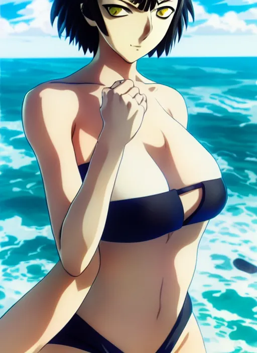 Prompt: film still portrait of fubuki from one punch man, wearing two - piece swimsuit, closeup at the faces, ilya kuvshinov, finely detailed feature, anime, deroo, pixiv top monthly, trending on artstation, cinematic, danbooru, zerochan art, kyoto animation