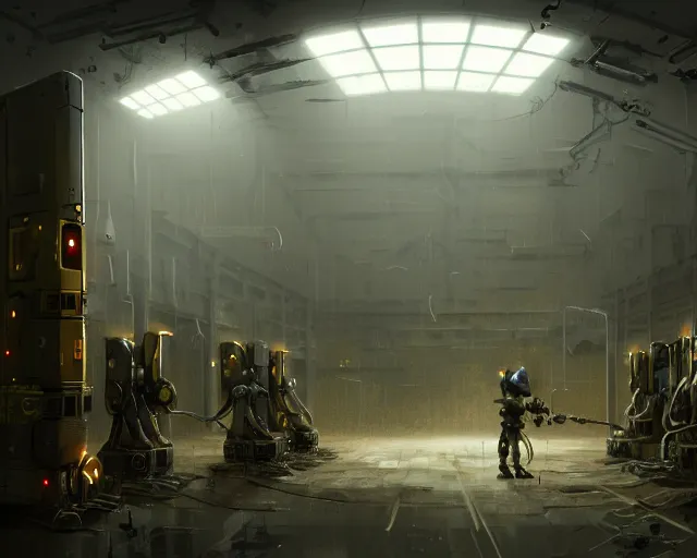 Image similar to robo in gloomy ruined server room in datacenter robot painting concept art of automata rusty steel robot knight colossus welder pacing mono eyed, sharp focus, emitting diodes, smoke, artillery, sparks, racks, motherboard, by pascal blanche rutkowski repin artstation hyperrealism detailed character design matte painting, 4 k resolution blade runner