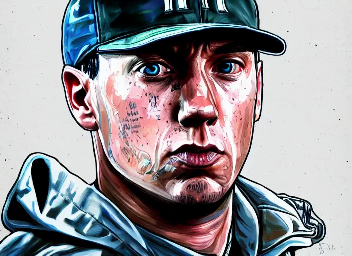 Image similar to eminem in gta v covert art painted by stephen bliss, centered, uncropped, full body, symmetrical face, crispy, trending on artstation, deviantart