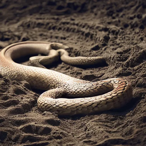 Prompt: huge snake squeezing a dead body inside the grave, dark colors, horror, realistic, sand and gravel