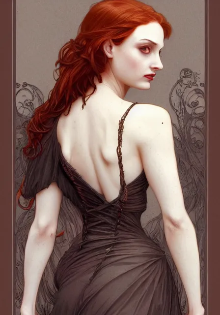 Image similar to sansa angeline jolie gessica chastain victorian vampire, intricate, elegant, highly detailed, digital painting, artstation, concept art, smooth, sharp focus, illustration, art by artgerm and greg rutkowski and alphonse mucha and william - adolphe bouguereau