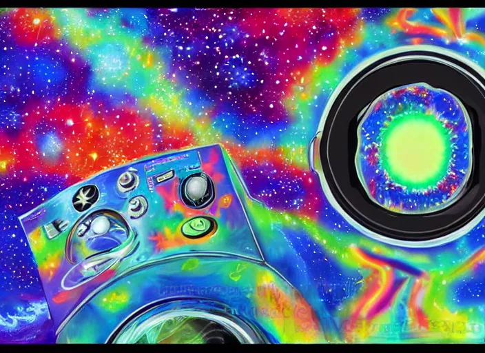 Prompt: a demonic washing machine floating in space with psychedelic galaxy background. 4k wallpaper. Digital painting by Rockin Jelly Bean, Peter Max, Alex Grey