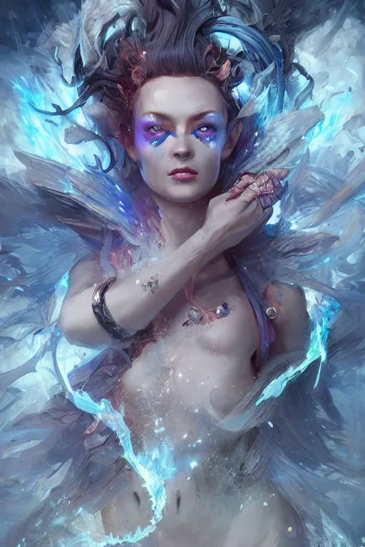 Prompt: torso closeup model wearing exploding ice electricity dress, sorcerer, diamonds, angel, fantasy, dramatic lighting, highly detailed, digital painting, holding electricity, magic the gathering, hyper detailed, 3 d render, hyper realistic detailed portrait, peter mohrbacher, wlop, ruan jia