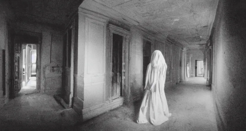 Prompt: Halloween color film, Scene where a beautiful woman in white is walking dark hallway in old mansion at midnight , view from front