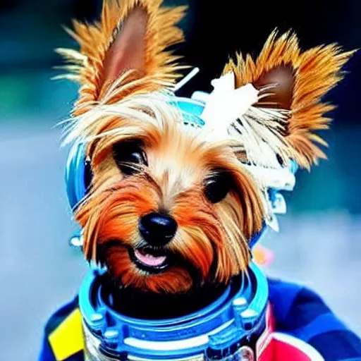 Prompt: A Yorkshire Terrier in a space suit, its face, smiling, clearly visible inside the helment /imagine https://discord.com/channels/1002292111942635562/1005628033945837620/1006191040228753459