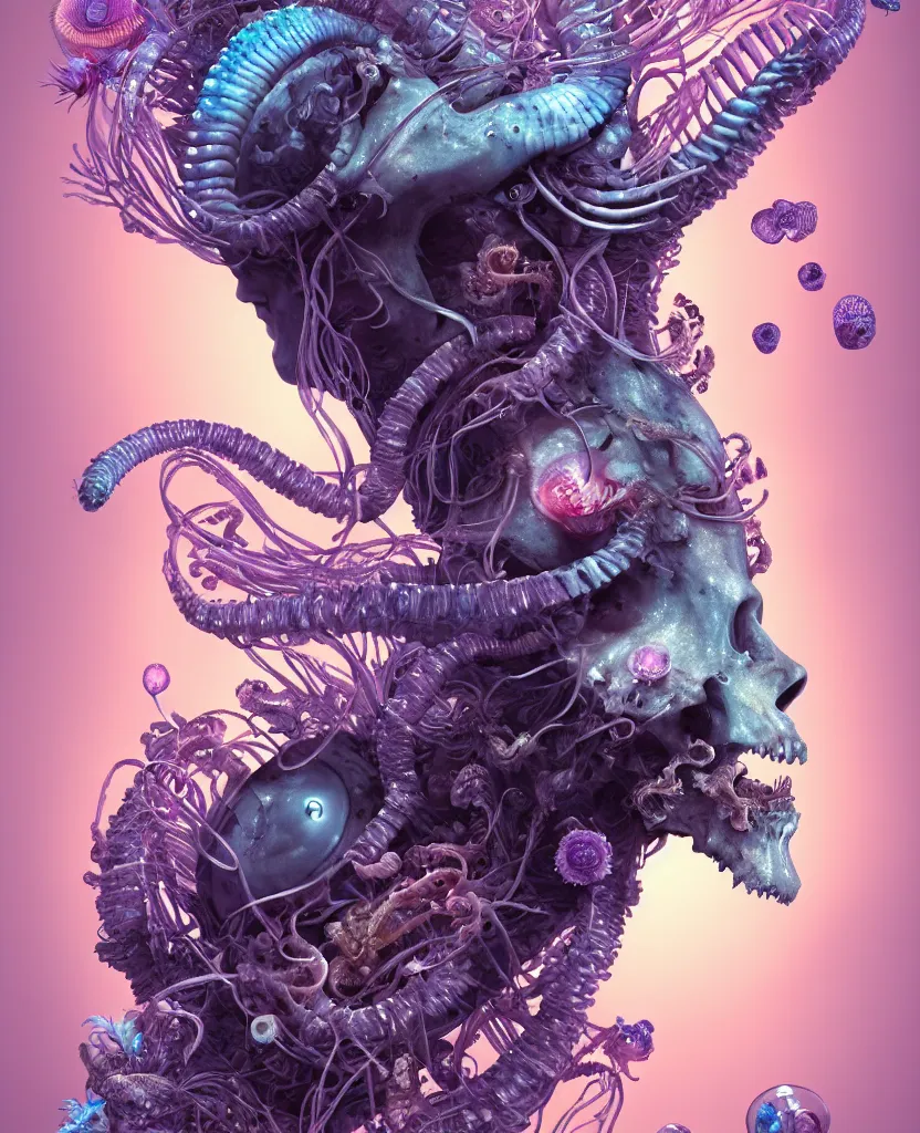 Image similar to goddess close-up portrait ram skull, thorax, x-ray, backbone, jellyfish phoenix head, nautilus, orchid, skull, betta fish, bioluminiscent creatures, intricate artwork by Tooth Wu and wlop and beeple. octane render, trending on artstation, greg rutkowski very coherent symmetrical artwork. cinematic, hyper realism, high detail, octane render, 8k