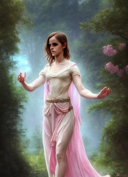 Prompt: emma watson as magic healer goddess, long hair, white and pink cloth, lake in the forest, D&D, shiny background, intricate, elegant, highly detailed, digital painting, artstation, concept art, smooth, sharp focus, illustration, artgerm, bouguereau