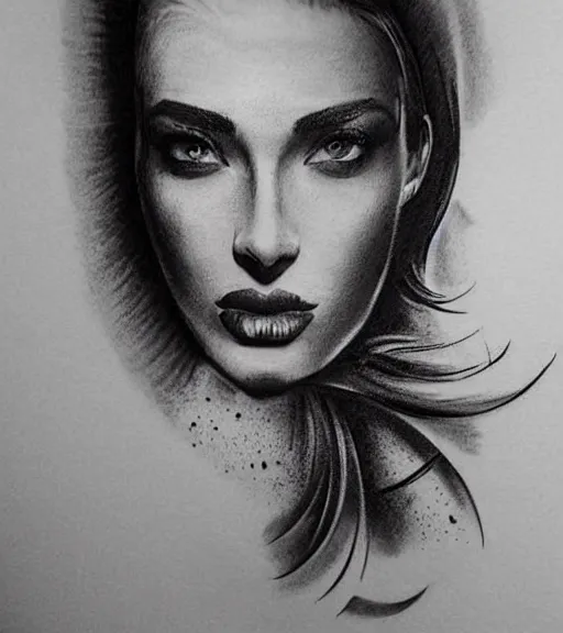 Image similar to tattoo design sketch of a beautiful woman face with an amazing mountain scenery on her side, hyper - realistic, double exposure, in the style of matteo pasqualin, amazing detail, black and white, faded