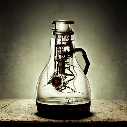 Prompt: a steampunk painting of a vintage poisonous potion bottle, lit by a single ray of sunlight in a dark dusty vintage science lab, by h. r. giger, hyperrealistic fantasy art, concept matte, ethereal, dreamy, digital art, trending on artstation, volumetric cinematic lighting