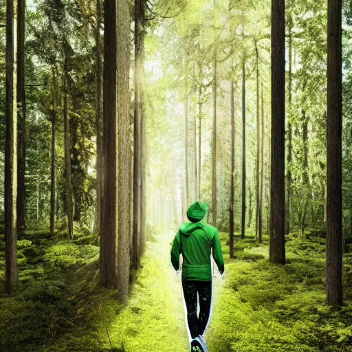 Prompt: Very highly detailed a guy in acid-green athletic sneakers runs through a forest with tall trees, a photo from the back in perspective, Rendered by Octane Render, art by Dan Mumford