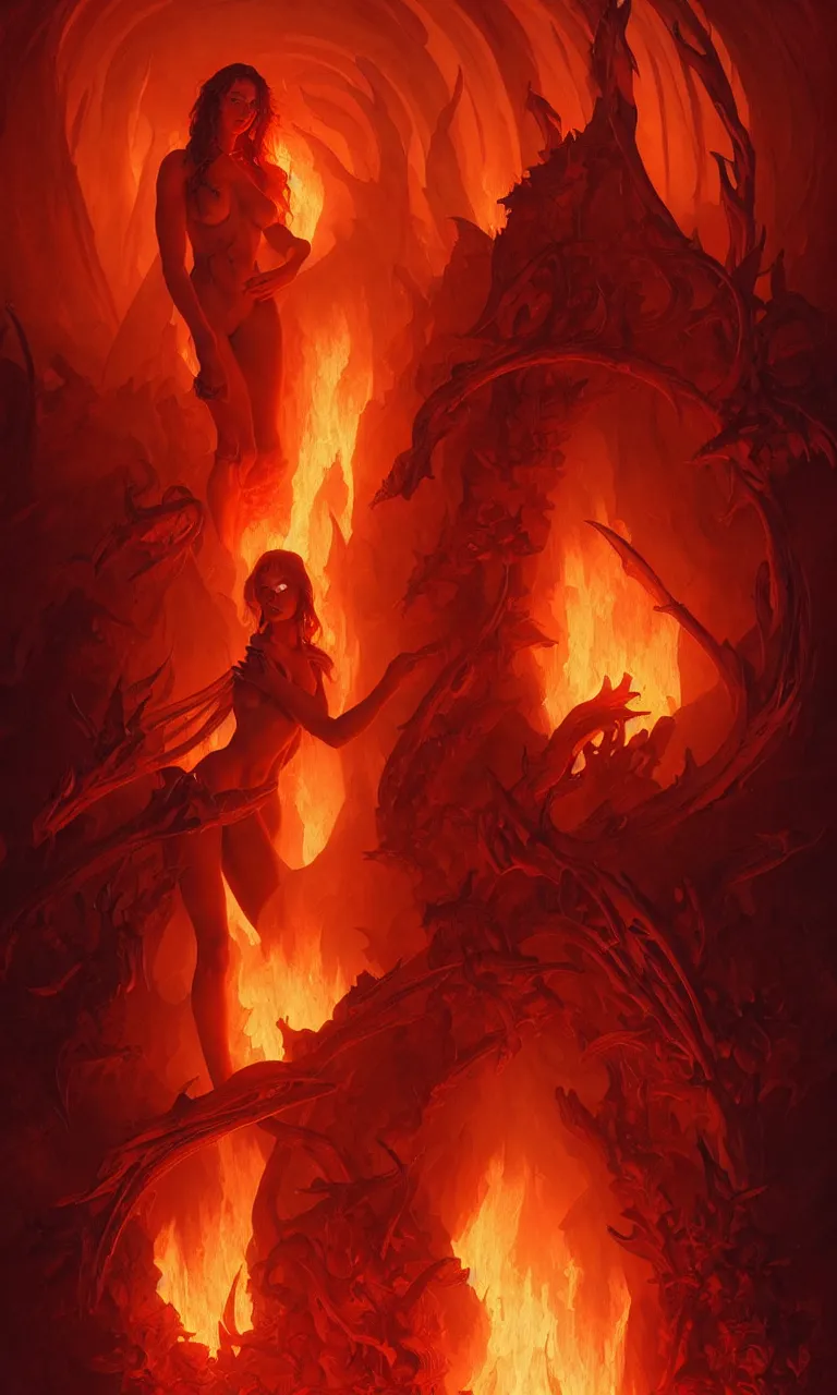 Image similar to Purgatory, fire woman in hell. The gateway to the infernal underworld. Devils demons, highly detailed, digital painting, artstation, concept art, smooth, sharp focus, illustration, art by artgerm and greg rutkowski and alphonse mucha