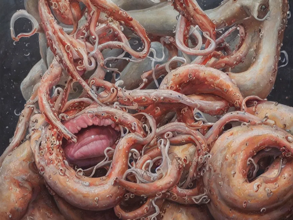 Prompt: a perfect hyperrealist painting of a man engulfed in squid, tentacles down his throat, in his mouth, coming out his eyes. fine art, gallery lighting, solemn, and exquisite