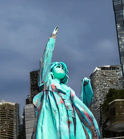 Prompt: photograph of Hatsune Miku as the Liberty Statue