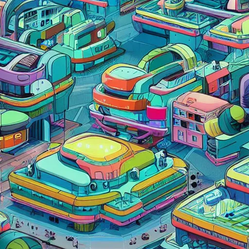 Prompt: colourful futuristic city in the style of studio ghibli, beautiful, technology, hyperdetailed, dystopian