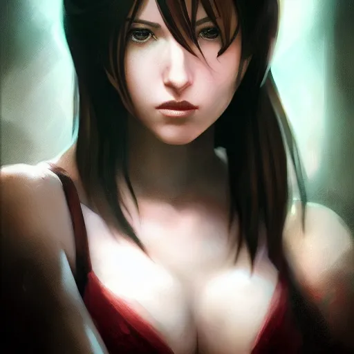 Image similar to seductive Tifa Lockhart portrait, atmospheric lighting, painted, intricate, highly detailed by Leesha Hannigan, Ross Tran, Thierry Doizon, Kai Carpenter,Ignacio Fernández Ríos