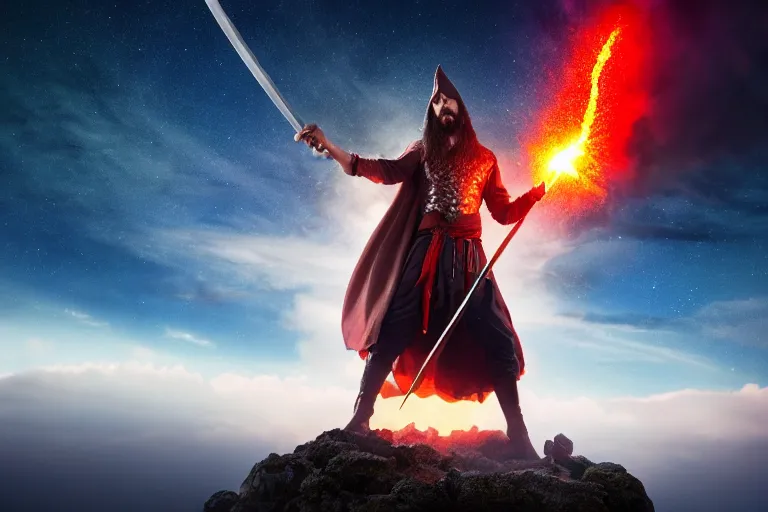 Image similar to levitating wizard wielding a sword, opening a shining portal, night sky, horizon of an erupting volcano, 4 k, ultra realistic, detailed, epic lighting, high detail, masterpiece, trending on artstation