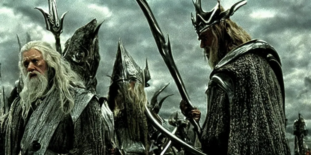 Prompt: movie still from the lord of the rings, directed by ridley scott in the style of h. r. giger, gandalf wearing a tall steel crown, resting against a twisted metal staff, dark, cinematic, cinemascope, highly detailed