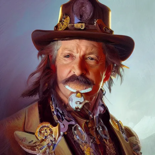 Image similar to charles elmer rip taylor jr, portrait, western, steampunk, flamboyant duster, fantasy, intricate, elegant, highly detailed, digital painting, artstation, concept art, sharp focus, illustration, art by artgerm and greg rutkowski and alphonse mucha