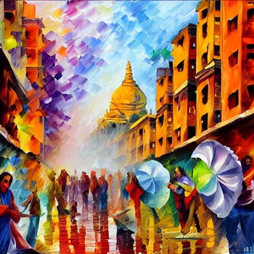 Image similar to People playing holi in Varanasi, with temples in the background, color in the air, Kai Fine Art by Leonid Afremov, by Guy Billoutread