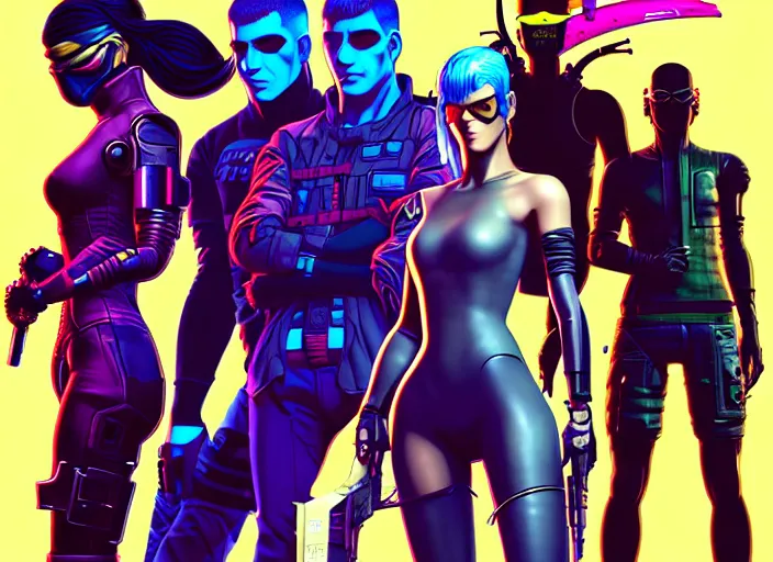 Image similar to cyberpunk ninja squad. portrait by stonehouse and mœbius and will eisner and gil elvgren and pixar. character design. realistic proportions. cyberpunk 2 0 7 7 character art, blade runner 2 0 4 9 concept art. cel shading. attractive face. thick lines. the team. diverse characters. artstationhq.