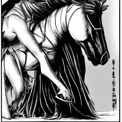 Image similar to emma watson, meets the horse from berserk, highly detailed, black and white, manga, art by Kentaro Miura