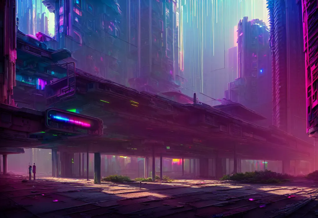 Prompt: A highly detailed crisp unreal engine render of A beautiful futuristic cyberpunk abandoned city building with neon like plants, perfect well made rainbow on the sky, sunlight breaking through clouds, debris on the ground, abandoned machines by wangchen-cg, 王琛,Neil blevins, artstation