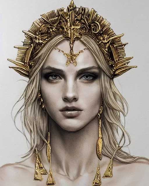 Image similar to tattoo sketch of blonde super model aphrodite greek goddess wearing a gold laurel wreath and triangle earrings, beautiful piercing gaze with sharp pupils, in the style of greg rutkowski, fantasy, amazing detail, epic, elegant, smooth, sharp focus, front view