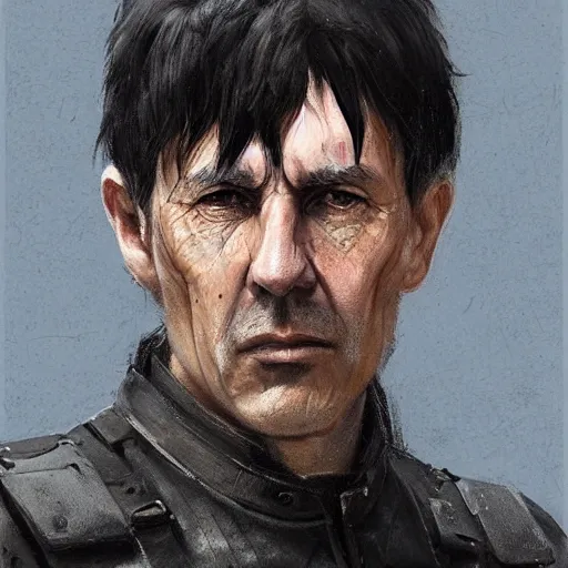 Image similar to Portrait of a man by Greg Rutkowski, he is about 60 years old, short black hair with bangs, his features are a mix between French, Turkish and Russian, expression of contempt, sorrow and resignation, he is wearing a futuristic tactical gear, highly detailed portrait, digital painting, artstation, concept art, smooth, sharp foccus ilustration, Artstation HQ.