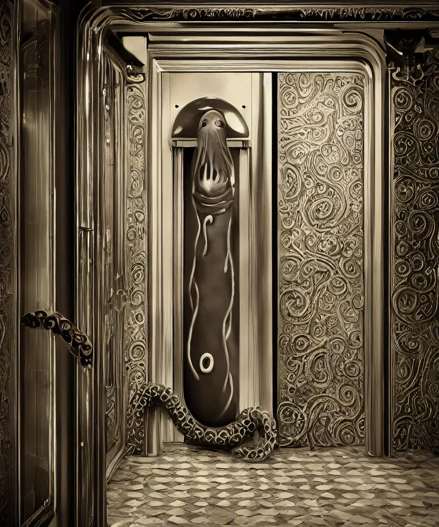 Image similar to horrifying photorealistic image of a 1 9 2 5 hotel elevator lobby, elevator doors look like a mouth, with a tentacle - shaped tongue, licking out, full color, dark, atmospheric, brooding, smooth, finely detailed, cinematic, epic, in the style of lee gibbons