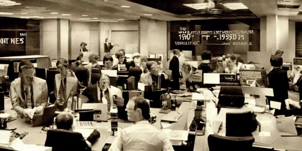 Prompt: film still of a wall street board room, ridley scott, crazy fearful atmosphere, bankers crying, stock market crash symbols on the wall, 1 9 8 0 s science fiction, dark science fiction movie