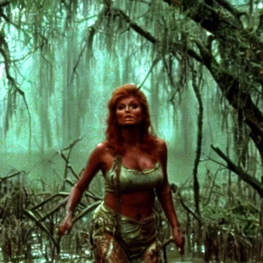 Image similar to cinematic still of sophia loren, covered in mud and watching a predator in a swamp in 1 9 8 7 movie predator, hd, 4 k