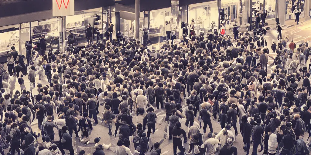 Prompt: crowd of frantic people attacking a crowd of cops in front of stores in lo angeles, photorealism, professional lighting, lighting from streetlights, photo with japanese chill style, conceptual art