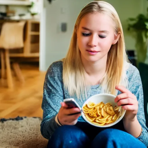 Prompt: 15 year old blonde girl eating potato crisps from a bowl and staring at her phone