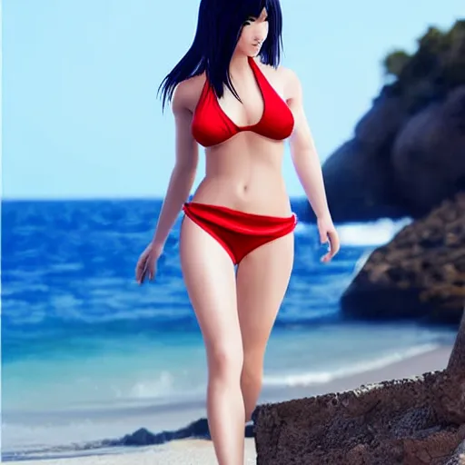 Image similar to beautiful tifa from final fantasy in a bikini on the beach making eye contact drawn by artgerm