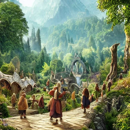 Image similar to hobbits with dwarves and a wizard walk along the bridge to rivendell, the elves warmly welcome them, very beautiful elves'settlements are visible in the trees in the distance, blue clear sky, vivid color, highly detailed, digital painting, artstation, matte, sharp focus, impressionnisme, art by shishkin and kuindzhi