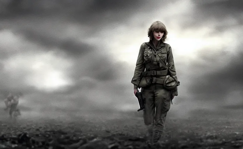 Prompt: a still of Taylor Swift in the movie Saving Private Ryan, mystery horror, cinematic gritty lighting, grainy film, artstation, DeviantArt,