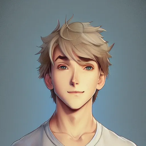Prompt: young man with short, ash blond greyish hair, light brown eyes, casual clothes, relaxing, happy, path traced, highly detailed, high quality, digital painting, by don bluth and ross tran and studio ghibli and alphonse mucha, sylvain sarrailh, beautiful details