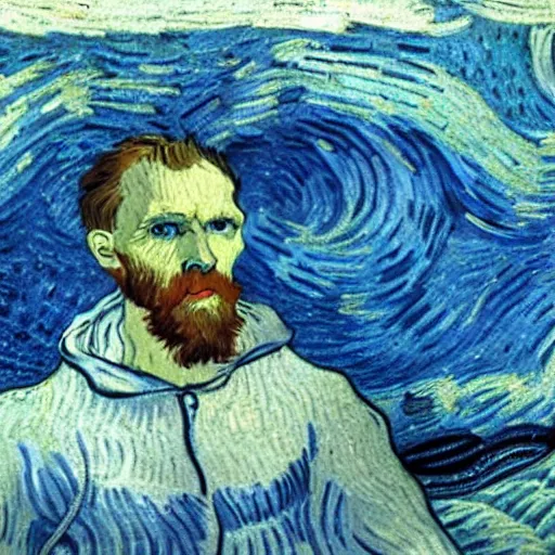 Prompt: a guy with white hoodie drowning in the abyss of the sea, very deep, by van gogh