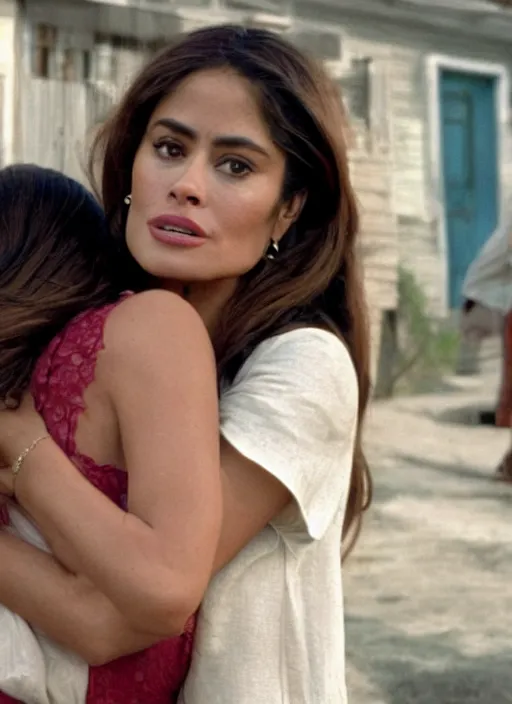 Prompt: film still of sofia vergara and salma hayek hugging in the ghetto, 4k.