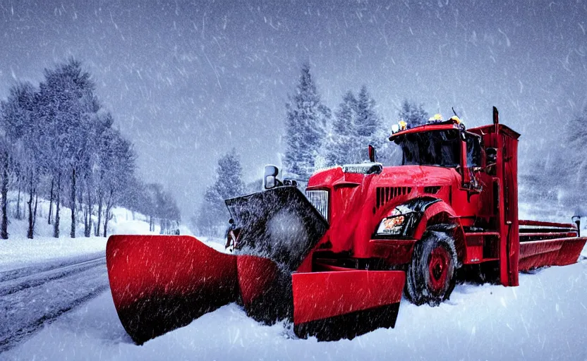 Image similar to A Snowplow with headlines on driving through a snowy landscape with thick snow, blizzard!!, heavy snow falling, digital artwork, high resolution, high detail