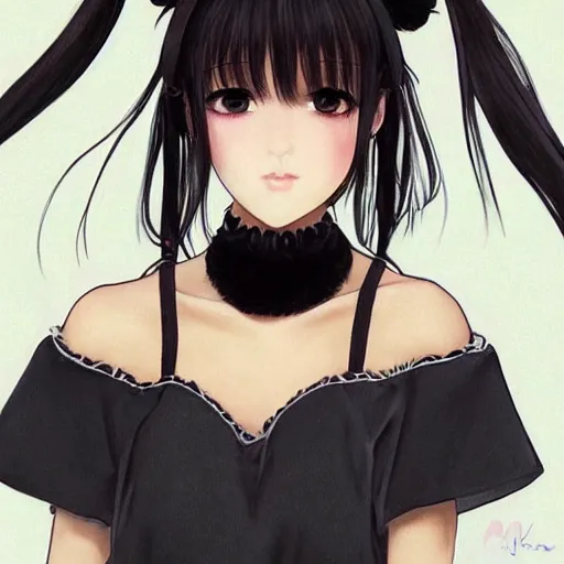 Image similar to realistic beautiful gorgeous natural cute Blackpink Lalisa Manoban black hair fur black cat ears, wearing white camisole summer outfit, headphones, black leather choker, tonemapping artwork drawn full HD 4K highest quality in artstyle by professional artists WLOP, Ayami Kojima, Aztodio, Alphonse Mucha, Taejune Kim, Guweiz on Pixiv Instagram Artstation
