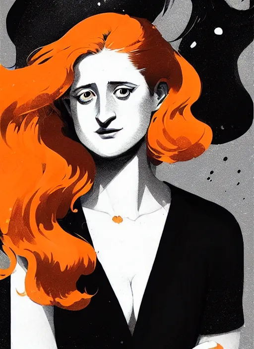 Image similar to highly detailed closeup portrait of beautiful grace gummer as dom dipierro, wavy ginger hair, black dress, by atey ghailan, by greg rutkowski, by greg tocchini, by james gilleard, by joe fenton, by kaethe butcher, gradient orange, black and white color scheme, grunge aesthetic!!! ( ( graffiti tag wall background ) )