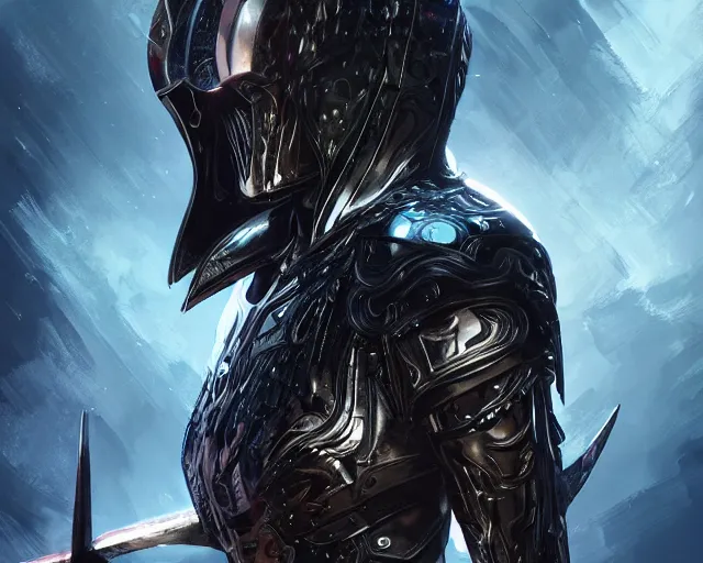 Prompt: the omnipotent assassin, vivid award winning digital artwork, intricate black sharp iridescent hooded semi - cybernetic armour, beautiful iridescent technology and weapon, black spikes, human face, detailed realistic colors, character art by greg rutkowski and artgerm
