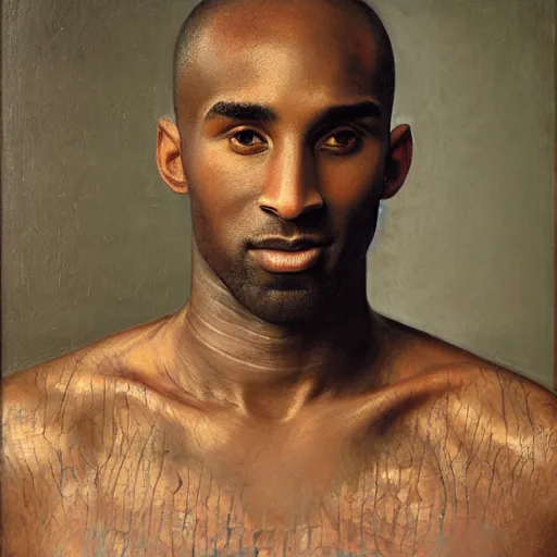 Image similar to portrait of kobe bryant with detailed, textured skin and piercing eyes, by nikolay makovsky