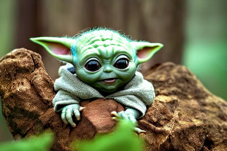 Prompt: an extremely cute (Baby Yoda) sits on a lichen covered ancient bolder, Baby Yoda is burping up out of his mouth lots of very tiny iridescent bubbles with tiny butterflies inside that float around Baby Yoda's head some bubbles pop and the butterflies fly away, surprising, funny, self deprecating, movie still frame, promotional image, Imax 70 mm footage