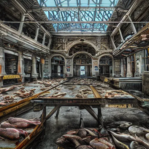 Prompt: ultra - photorealistic, abandoned fish market, urban legend portrait, intricate details, sharp focus, baroque, beautiful, symmetrical, reduce duplicate content, ultra - details perfect object, 4 k, uhd, random content position